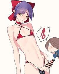 2boys ban bikini brown_hair cat_girl censored crossdressing erection femboy gegege_no_kitarou genderswap_(ftm) hair_ribbon highleg highleg_bikini highres humanoid hung_trap male male_only multiple_boys nekomusume penis pointed_ears purple_hair ribbon rule_63 short_hair solo_focus swimsuit testicles trap yellow_eyes yokai