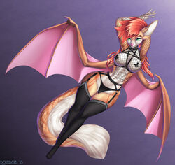 anthro bat bourbon._(artist) breasts cameltoe canine clothing collar female fennec fishnet fishnet_topwear fox garter_belt garter_straps hands_behind_head hybrid legwear mammal nipple_tape panties partially_visible_vulva pasties solo stockings tape thigh_highs underwear wide_hips wings x_pasties