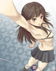 arashio_(kantai_collection) areolae arm_up armpits bangs black_legwear blush breasts brown_eyes brown_hair cellphone cellphone_picture cleft_of_venus cloritin clothing commentary_request d: eyebrows_visible_through_hair eyelashes female from_behind furrowed_eyebrows grey_skirt highres kantai_collection long_hair looking_at_viewer looking_back miniskirt nipples no_panties o-ring open_mouth outstretched_arm phone pleated_skirt pussy self_shot selfie_stick skirt small_breasts smartphone smartphone_case solo standing topless twisted_torso upskirt