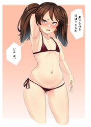 bikini blush brown_eyes brown_hair cute_fang earrings embrace female flat_chest japanese_text kantai_collection navel red_bikini ryuujou_(kantai_collection) ryuun_(stiil) small_breasts solo speech_bubble sweatdrop swimsuit text thick_thighs translated twintails wide_hips