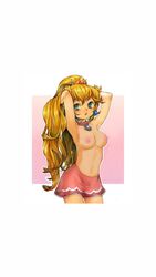 1girls arm_support artist_request beige_skin blonde_hair blue_eyes blush breasts brooch collar crown cute earrings female female_only hair_between_eyes hair_lift hands_behind_head long_hair looking_at_viewer mario_(series) miniskirt mostly_nude nintendo nipples open_mouth princess_peach simple_background skirt small_breasts solo standing thick thick_thighs thighs topless very_long_hair wide_hips