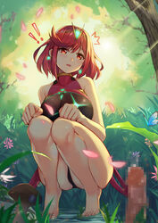 !! 1boy 1girls absurdres ass bangs barefoot blush breasts bug butterfly censored cleavage competition_swimsuit feet forest grass hentai_kuwa highres insects large_breasts mosaic_censoring mushroom nature nintendo one-piece_swimsuit outdoors penis penis_awe pyra red_eyes red_hair short_hair squatting surprised swept_bangs swimsuit thighs toes xenoblade_(series) xenoblade_chronicles_2