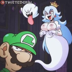 1:1 2d 2d_animation animated areolae big_breasts boo_(mario) boosette bouncing_breasts breasts breasts_out female large_breasts long_tongue luigi luigi's_mansion male mario_(series) new_super_mario_bros._u_deluxe nintendo nipples no_sound shorter_than_10_seconds straight twistedgrim video