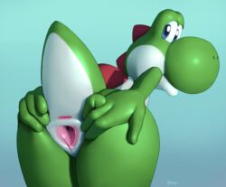 anthro anus ass blue_eyes dinosaur edit female green_skin green_yoshi looking_at_viewer looking_back mario_(series) nintendo nude pienji presenting presenting_pussy pussy reptile scalie simple_background solo spread_pussy spreading video_games yoshi