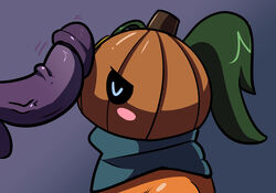 1boy donutsecret embarrassed female green_hair headshot no_mouth orange_skin penis_on_face pumpkin pumpkin_head purple_skin tagme