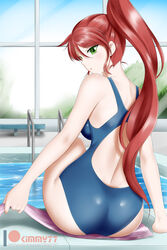 1girls alfred_cullado ass back female female_only green_eyes long_hair one-piece_swimsuit ponytail pyrrha_nikos red_hair rwby sitting swimsuit text url watermark