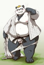 2018 anthro balls bear belly blush clothed clothing cum humanoid_hands male male_only mammal moobs navel nipples overweight overweight_male panda pants penis solo takaki_takashi underwear