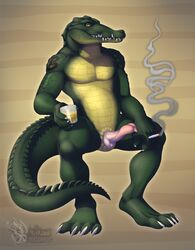 anatomically_correct anatomically_correct_penis animal_genitalia animal_penis anthro belly beverage big_belly crocodile crocodilian crocodilian_penis drugs erection genital_slit looking_at_viewer male male_only marijuana nude penis reptile scalie slit solo vallhund