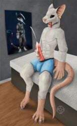 2019 4_toes abs anthro bedethingy black_eyes bodily_fluids claws cum cum_on_hand cumshot digital_media_(artwork) digitigrade ear_piercing ejaculation erection fur genital_fluids grey_fur hi_res long_tail male mammal masturbation mouse murid murine open_mouth orgasm penis piercing poster rat rodent simple_background solo toes tongue tongue_out