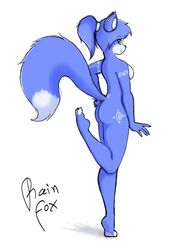 black_nose blue_fur blue_hair breasts butt canine female fox fur green_eyes hair hi_res krystal mammal markings nintendo nude pawpads rain-fox signature solo standing standing_on_one_leg star_fox tribal_markings video_games white_fur