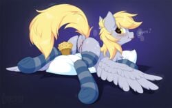 <3_eyes 2018 anus ass blep blonde_hair blush clothing cutie_mark derpy_hooves digital_media_(artwork) dock equine feathered_wings feathers female feral food friendship_is_magic hair heart hioshiru legwear lying mammal muffin my_little_pony on_front panties panties_aside pegasus pillow pussy socks solo spread_wings striped_legwear striped_panties stripes tongue tongue_out underwear underwear_aside wings yellow_eyes