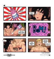 2boys bara big_penis black_eyes black_hair blonde_hair comic dragon_ball dragon_ball_z earrings erection first_time gay lube male male_only manga masturbation multiple_boys muscle muscles muscular on_back pecs penis pink_eyes ripped spread_legs straddle surprised text uncensored virgin woofer_kid wooferlicke wooferlicke_(artist) yamcha yamcha's_big_problem yaoi