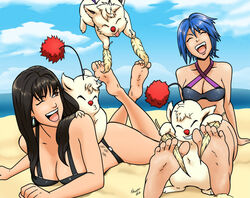 aqua_(kingdom_hearts) beach bikini black_hair blue_hair disney feet final_fantasy final_fantasy_vii foot_fetish kingdom_hearts laughing long_hair moogle outdoors short_hair soles square_enix tickle_torture tickling tifa_lockhart toes