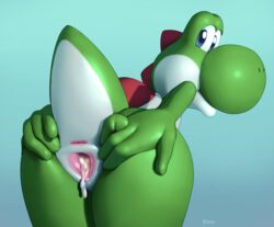 after_sex anthro ass blue_eyes cum cum_in_pussy cum_inside dinosaur edit female green_yoshi leaking looking_at_viewer looking_back mario_(series) nintendo nude pienji presenting presenting_pussy pussy reptile scalie solo spread_pussy spreading video_games yoshi