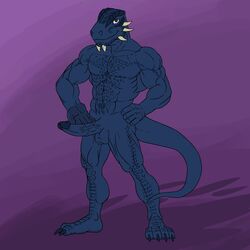 abs anthro argonian balls biceps big_penis blue_penis blue_skin bulge claws erection humanoid_penis looking_at_viewer male male_only muscular muscular_male nude pecs penis scalie simple_background smile solo standing the_elder_scrolls tristen vein video_games zeerus