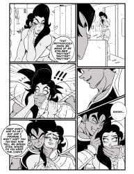 2boys black_and_white comic comic_page dialogue dragon_ball dragon_ball_z femboy feminine_male hand_over_mouth jaw_grab male_only original_character robbery speech_bubble turles ukevegeta13 yam_(ukevegeta13)