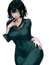 big_breasts black_hair bob_cut dark_nipples elegant elegant_dress fubuki_(one-punch_man) green_eyes green_hair long_sleeves one-punch_man small_waist thick_thighs tight_clothing wide_hips zeon_(zzeeonn)