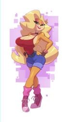 1girls 2020s 2023 2d 2d_(artwork) activision anthro anthro_only big_breasts bigdad blonde_hair bracelet breasts breasts_bigger_than_head cleavage crash_(series) eyeshadow female female_focus female_only fingerless_gloves furry furry_female furry_only hi_res high_heel_sneakers high_heels highres hips jean_shorts long_hair pink_eyeshadow shiny_hair slim_waist solo solo_female solo_focus tail tawna_bandicoot wide_hips