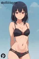 ai_generated arms_behind_back ass_visible_through_thighs black_bra black_hair black_panties blush bow bow_bra bow_panties bra breasts brown_eyes cleavage closed_mouth collarbone cowboy_shot female looking_at_viewer medium_breasts medium_hair misaki_nagatoro mole_under_eye navel panties pikkiwynn please_don't_bully_me,_nagatoro red_eyes sky smile solo underwear underwear_only