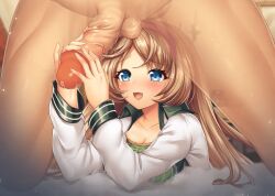 animated animated_gif blue_eyes brown_hair gif handjob kamihime_project kamihime_project_r long_hair precum stroking_penis uncensored