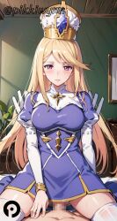 1boy ai_generated bangs blonde_hair blue_dress blush breasts censored closed_mouth cowgirl_position dress eris_(shadowverse) female hat indoors juliet_sleeves long_hair long_sleeves looking_at_viewer mitre penis pikkiwynn pov puffy_sleeves purple_eyes sex shadowverse solo_focus straddling straight thighhighs vaginal_penetration