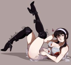 1girls badlavender bent_legs black_hair female female_only grey_background hairband heart heels high_heels leg_up lingerie looking_away lying lying_on_back pale-skinned_female red_eyes smile solo spy_x_family stockings thigh_boots thighhighs very_high_resolution yor_briar