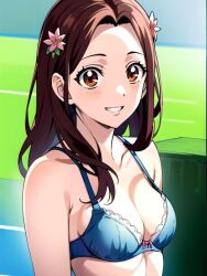 1girls ai_generated ai_mirror bra brown_eyes brown_hair female_focus female_only flower_in_hair outside smile