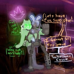 1boy1girl animatronic endoskeleton female five_nights_at_freddy's five_nights_at_freddy's:_security_breach fnaf green_body hologram mimic neon_lights potato_dealer rape robot roxanne_wolf_(fnaf) security_breach:_ruin sex text the_mimic_(fnaf) vaginal_penetration