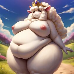 ai_generated anthro ass bbw big_breasts big_penis breasts female_only furry furry_only huge_ass huge_breasts looking_at_viewer luckyfox7656 overweight overweight_anthro overweight_female princess sheep standing