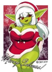 alternate_version_available bangs belt christmas christmas_outfit cleavage goblin goblin_female green_skin hips huge_breasts lifting_skirt plump ponytail red_eyes sharp_teeth shortstack smug squishcap_(artist) thick_thighs twitter_username white_hair wide_hips