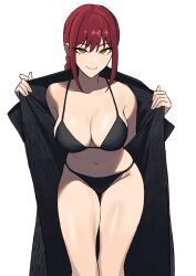 big_breasts braided_hair chainsaw_man glowing_eyes jacket jacket_open lingerie lingerie_only makima_(chainsaw_man) open_jacket panties red_hair underwear wide_hips yellow_eyes zeon_(zzeeonn)