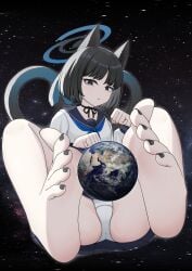 1girls :o allied_hyakkiyako_academy_student artist_request ass astronomical_hyper black_toenail_polish black_toenails blue_archive earth expressionless feet feet_up foot_fetish fully_clothed giantess hyakkaryouran_conflict_resolution_council_(blue_archive) kikyou_(blue_archive) painted_toenails panties paw_pose planet planet_between_feet planetary_macro presenting_feet space tagme_(artist) toenail_polish toes