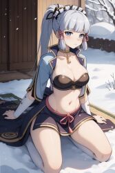 ai_generated bra breasts female genshin_impact kamisato_ayaka kirill782 kneeling long_hair looking_at_viewer ponytail silver_hair skirt snow solo stable_diffusion