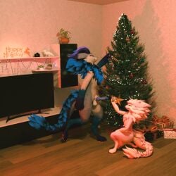 1:1 3d_(artwork) anthro auriabara balls blender_(software) blumarshmallow blumarshmallow_(artist) christmas christmas_tree decorating digital_media_(artwork) duo erection fur genitals hi_res holidays kneeling male male/male nude penis plant smile star tail tree wickerbeast