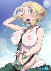 1girls alternate_breast_size areolae belly blonde_hair blush boris_(noborhys) breasts camera cleavage eyelashes female_only green_eyes hot_spring human human_only large_breasts midriff navel nintendo nipples one_eye_closed open_mouth outdoors pokemon pokemon_xy see-through short_hair source_request sweat text tongue viola_(pokemon) watermark wet wet_shirt