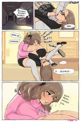 1futa 1girls artist_name ass brown_eyes brown_hair chubby cunnilingus female futa_on_female futanari glasses implied_futanari incest intersex karen_(lewdua) lewdua mostly_nude natasha_(lewdua) original page_number pussy_juice siblings sisters speech_bubble wet