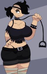 bandage_wraps belt black_hair ear_piercing eye_patch female female_only large_breasts leash leash_and_collar original_character ponytail shadowjanetnsfw shaved_head shorts spiked_collar stomach_tattoo thick_thighs torn_clothing vira_the_assassin