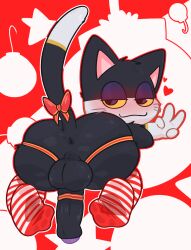 1male 2d absurd_res animal_crossing anthro anus ass backsack balls bedroom_eyes big_ass big_balls black_body black_fur blushing bow_ribbon christmas clothing crushpepper digital_media_(artwork) domestic_cat feet felid feline felis fur furry genitals gesture gloves_(marking) half-closed_eyes heart hearts hi_res hips holidays humanoid_genitalia humanoid_penis jockstrap legwear looking_at_viewer looking_back male male_only mammal markings mostly_nude musk musk_clouds nintendo on_front penis perineum presenting presenting_anus presenting_balls presenting_hindquarters punchy_(animal_crossing) raised_tail rear_view red_background ribbons simple_background smile smug smug_face socks solo striped_legwear striped_socks sweat sweaty sweaty_penis tail tail_bow underwear v v_sign whiskers yellow_sclera