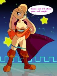 2018 anthro areola bianca_(spyro) blonde_hair blue_eyes boots breasts clothed clothing clothing_lift dialogue digital_media_(artwork) english_text female flashing footwear hair hi_res ikaribunbun lagomorph mammal nipples panties panties_down pink_nose pussy rabbit solo spyro_the_dragon text underwear video_games