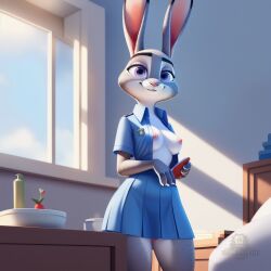 ai_generated breasts breasts_out bunny_girl disney female grey_fur halfaslime judy_hopps looking_at_viewer nipples officer_uniform open_shirt smiling solo zootopia