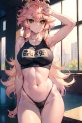 ai_generated aiposter armpits curly_hair horns midriff mina_ashido my_hero_academia one_arm_up pink_hair sports_bra thong very_long_hair yellow_eyes