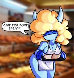 almost_naked almost_nude anthro apron apron_only arcaned_roses blue_body blue_gloves bread curly_hair holding_object horns macy_(roses_arcaned) one_eye roses_arcaned tagme text text_bubble yellow_hair