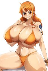 big_breasts bikini breasts breasts_bigger_than_head cleavage female female_only huge_breasts large_breasts nami nami_(one_piece) one_piece post-timeskip shounen_jump simple_background skeboo solo tagme white_background