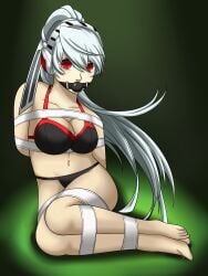 1girls android arms_tied_behind_back ball_gag black_bra black_panties bondage bra breasts dankestofdans gag gagged grey_hair labrys large_breasts legs_tied looking_at_viewer metal_bondage midriff navel panties persona persona_4 ponytail red_eyes