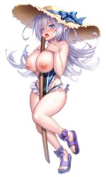 alternate_costume aqua_eyes asahi between_breasts between_legs blue_eyes breasts curvy embarrassed female full_body grey_hair highleg highleg_swimsuit highres huge_breasts large_breasts lilith-soft long_hair looking_at_viewer miriam_(taimanin_asagi) nipples official_alternate_costume official_art one-piece_swimsuit open_mouth pointy_ears shiny_skin solo swimsuit taimanin_(series) taimanin_rpgx very_long_hair white_background white_hair wide_hips