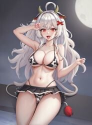 ai_generated belly belly_button breasts cow_bikini cow_ears cow_girl cow_horns cow_tail darkraimola_girlfriend eris_cow erispheria erispheria_cow female goddess hourglass_figure long_hair red_eyes shirt thick_thighs tongue tongue_out twitch virtual_youtuber vtuber white_hair wide_hips youtube