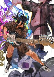 1girls black_hair coal_(lunydoobles) coat concert curvy emo goth guitar high_waisted_pants instrument latina lunydoobles medium_breasts navel no_bra panties playing_guitar rock see-through see-through_clothing sneakers solo tan_body thick_thighs thighhighs tied_hair translucent_clothing