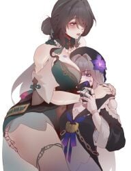 2girls big_ass big_breasts drool_string drooling herta_(honkai:_star_rail) honkai:_star_rail hoyoverse lipstick lipstick_mark multiple_girls ruan_mei_(honkai:_star_rail) small_breasts small_dom_big_sub voluptuous wktfrv47n yuri