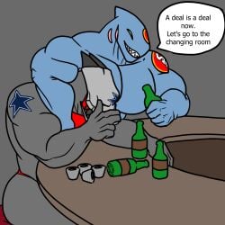 2boys anthro big_pecs dialogue drunk humanoid imminent_sex male/male male_only muscles muscular oc_(xcomunit7) pecs shark sleeping text xcomunit7