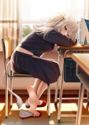 barefoot casino_(casinoep) feet foot_fetish grey_eyes hololive hololive_gen_5 hololive_japan lion_ears lion_girl lion_tail school school_uniform shishiro_botan shoe_removal shoes_removed showing_feet virtual_youtuber white_hair